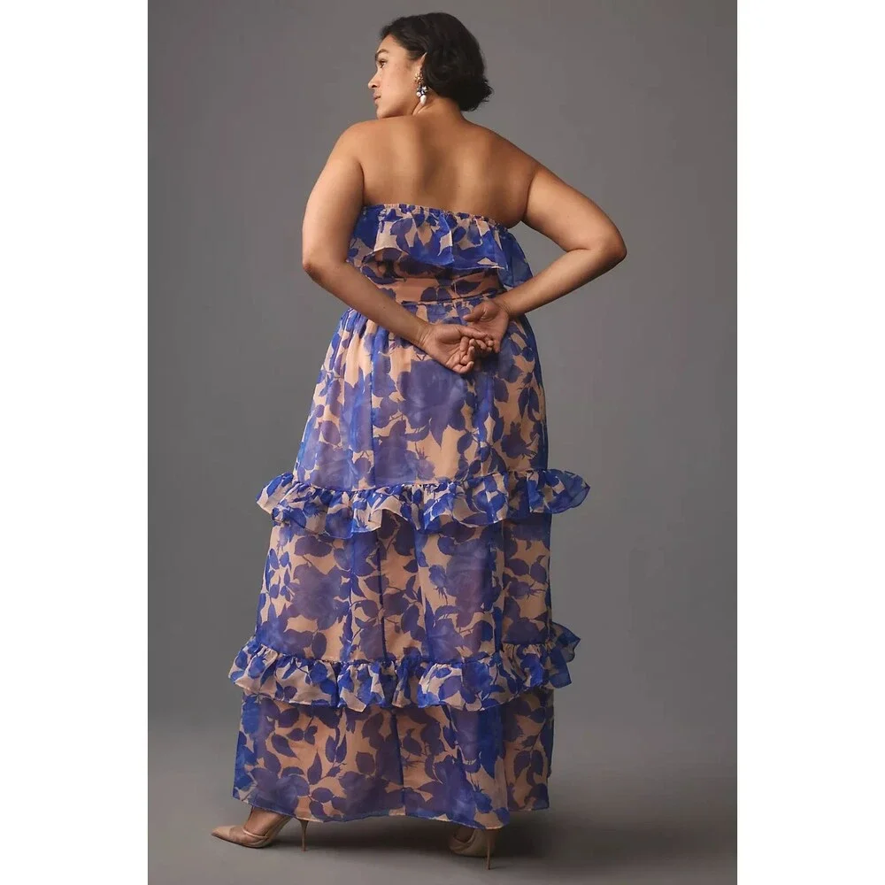 Anthropologie Strapless Tiered Maxi Dress Blue Floral 3X NO BELT, NEW - Picture 3 of 3